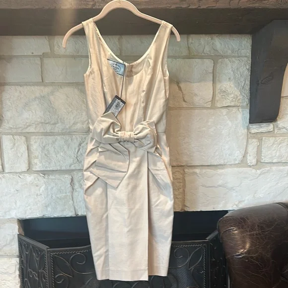 Prada Dresses | Prada Cream Gold Ruched Sheath Midi Dress | Color: Cream/Gold | Size: 36 | Ewilliams8008'S Closet